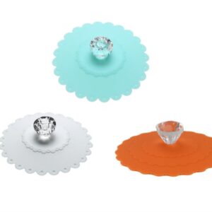 AKOAK 3 PCS New Cute Anti-dust Silicone Acrylic Diamond Glass Cup Cover Coffee Mug Suction Seal Lid Cap,Light Blue,White and Orange