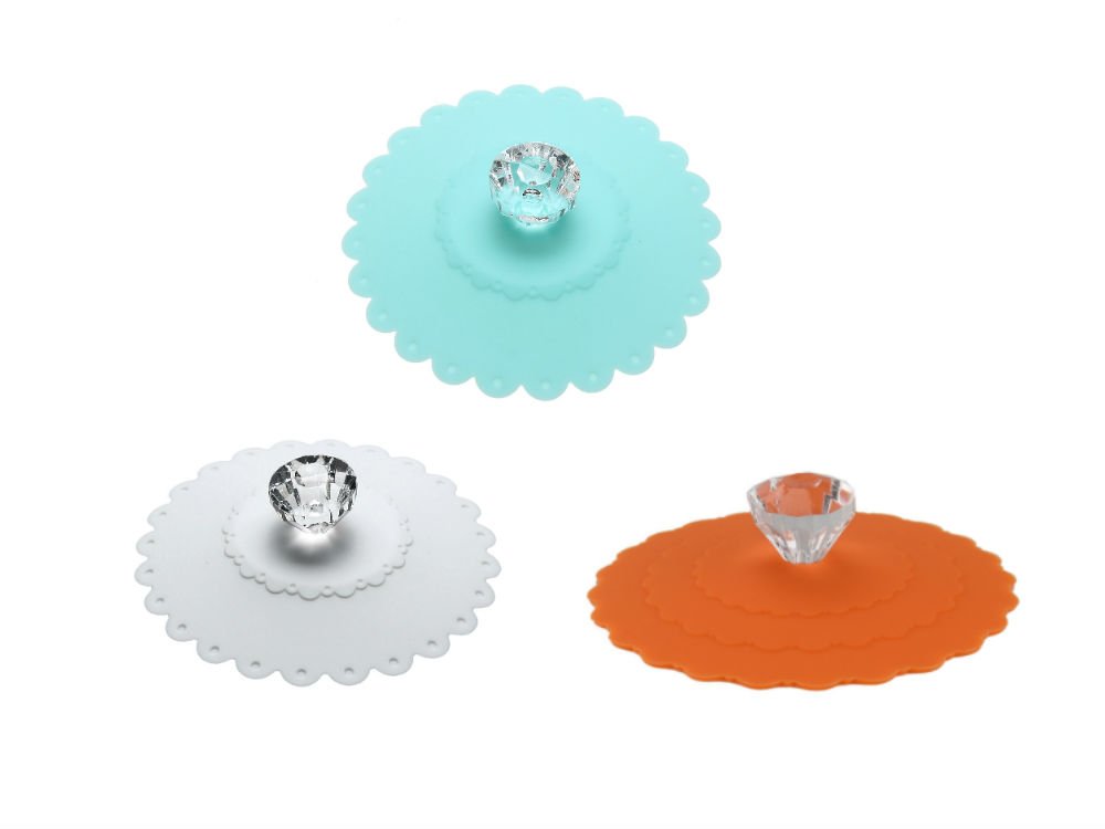 AKOAK 3 PCS New Cute Anti-dust Silicone Acrylic Diamond Glass Cup Cover Coffee Mug Suction Seal Lid Cap,Light Blue,White and Orange