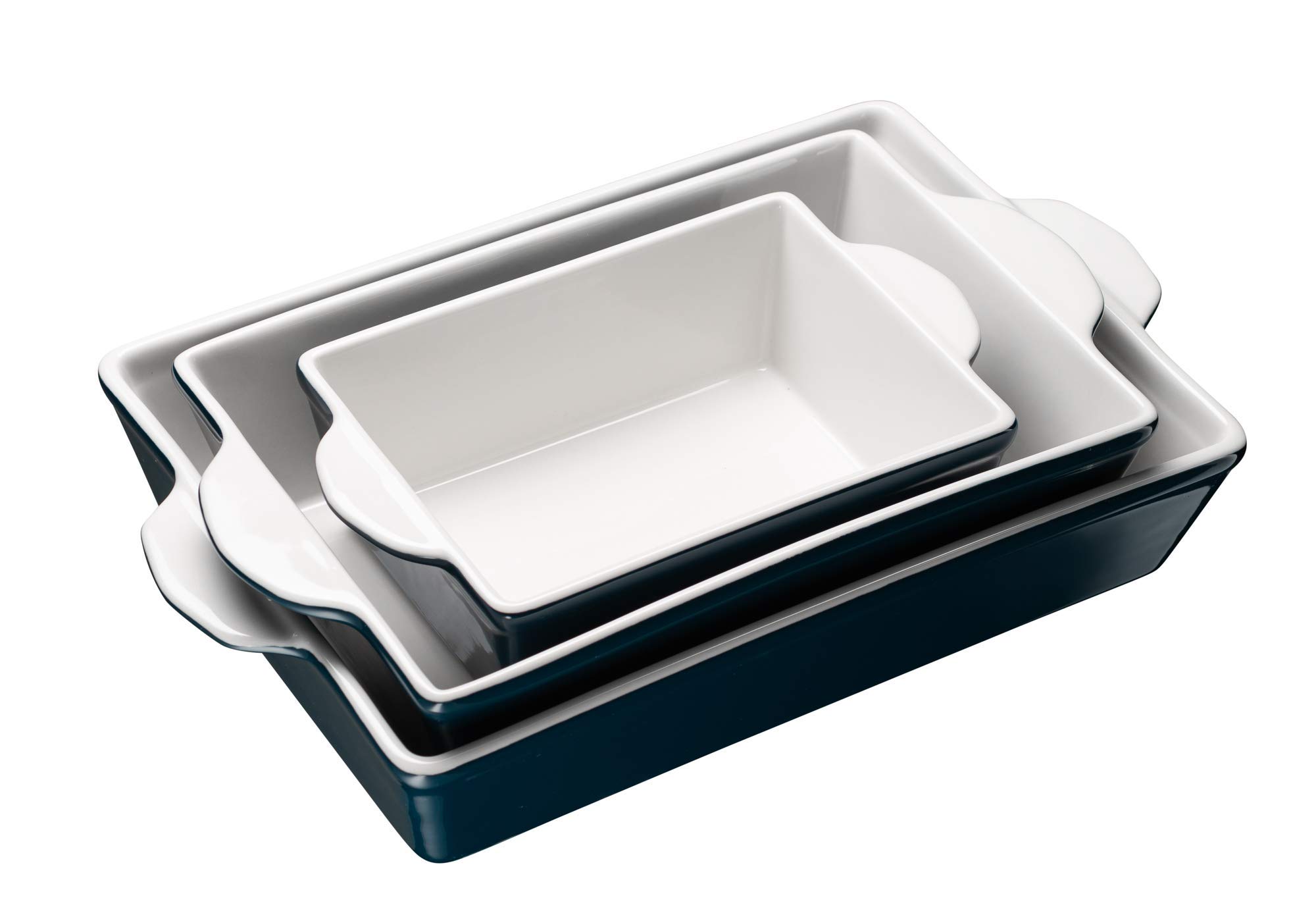 Kook Ceramic Bakeware Set, Rectangular Baking Dishes, For Casseroles, Lasagna, Cake, Small, Medium & Large Pans, Microwave & Dishwasher Safe, Set of 3 (Navy)