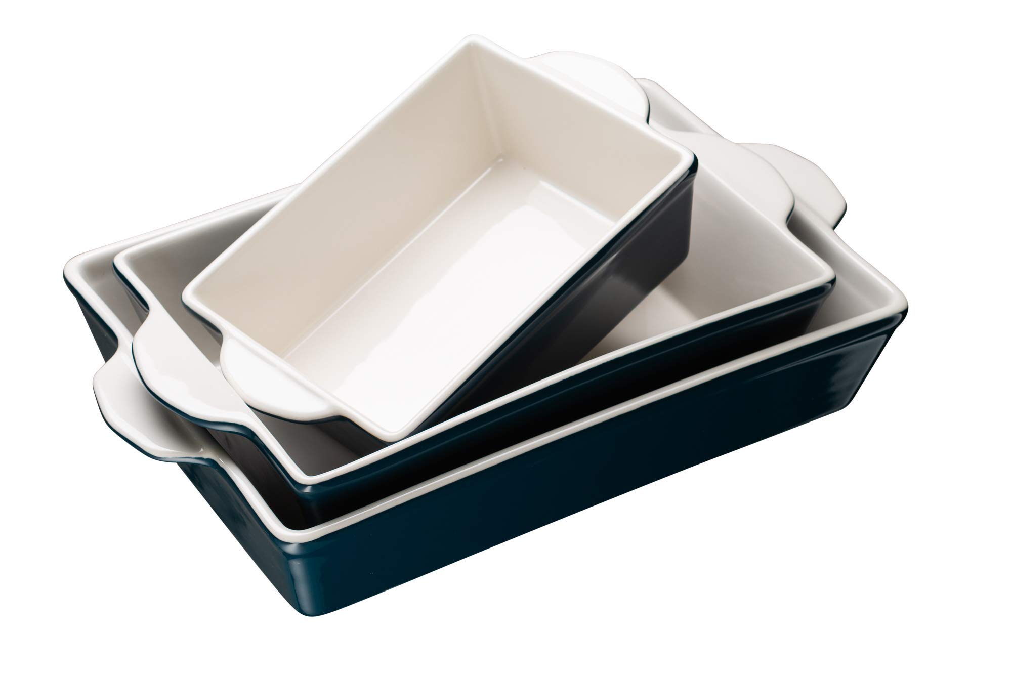 Kook Ceramic Bakeware Set, Rectangular Baking Dishes, For Casseroles, Lasagna, Cake, Small, Medium & Large Pans, Microwave & Dishwasher Safe, Set of 3 (Navy)