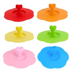 akoak 6 pcs plum cup lid, teacup mark lid, food grade silicone lid with spoon holder lid, 6 colors