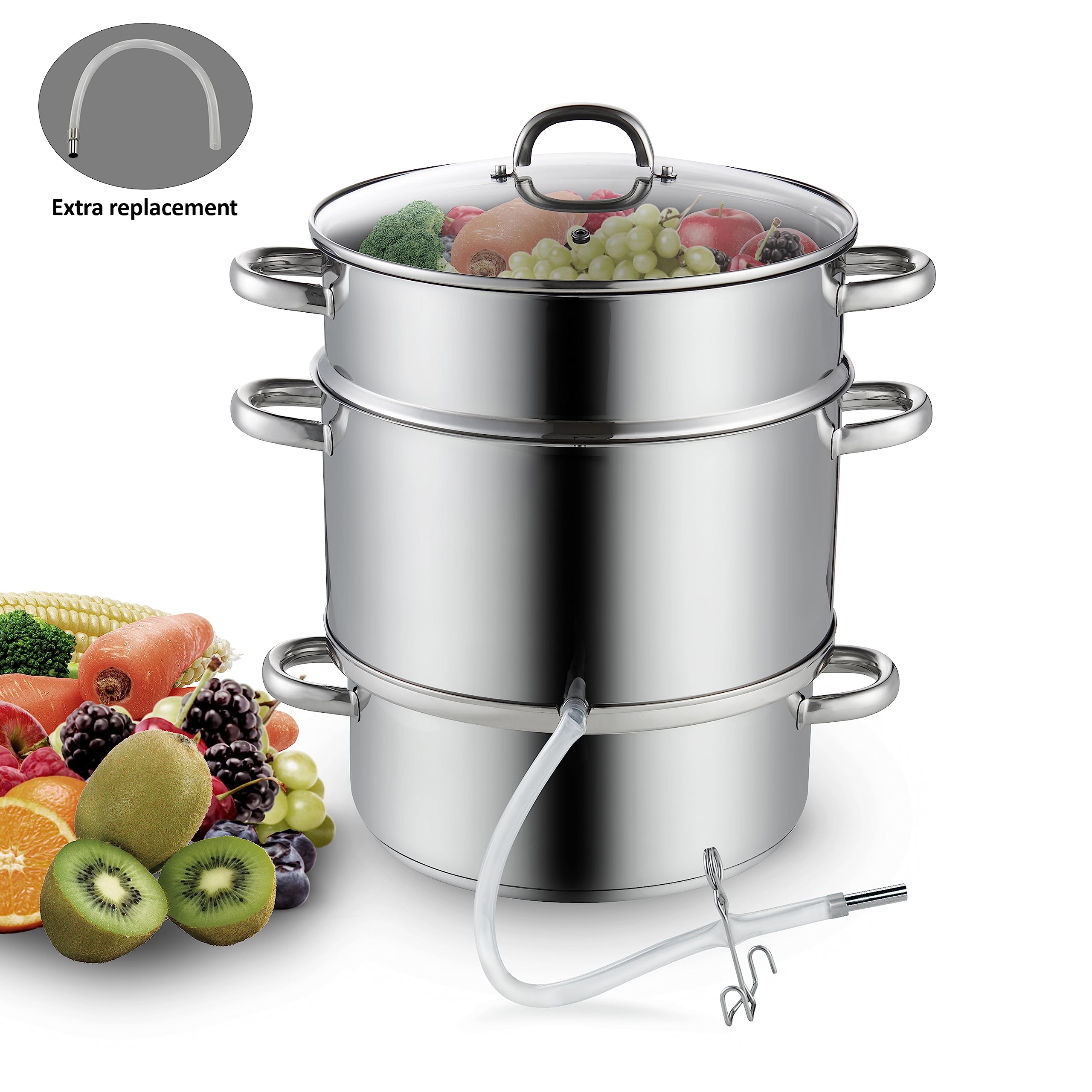 Cooks Standard Canning Juice Steamer Extractor Fruit Vegetables for Making Jelly, Sauces, 11-Quart Stainless Steel Multipot with Glass Lid, Clamp, 2-Pcs Hose