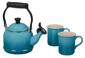 le creuset enamel on steel demi kettle & stoneware set of 2 mugs, 1.25 qt. kettle & (2) 14 oz. mugs, caribbean