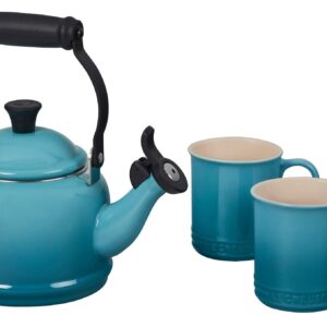 Le Creuset Enamel On Steel Demi Kettle & Stoneware Set of 2 Mugs, 1.25 qt. Kettle & (2) 14 oz. Mugs, Caribbean