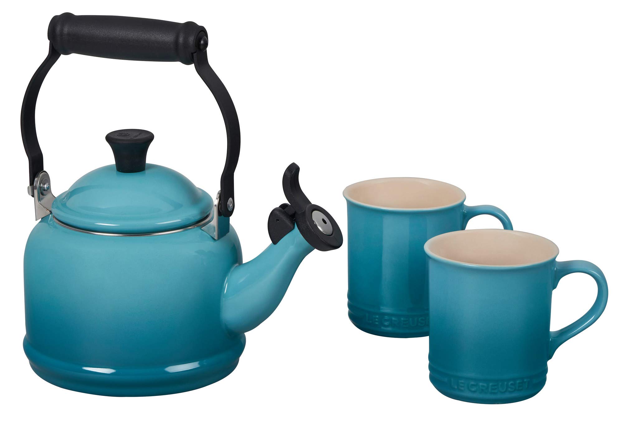 Le Creuset Enamel On Steel Demi Kettle & Stoneware Set of 2 Mugs, 1.25 qt. Kettle & (2) 14 oz. Mugs, Caribbean