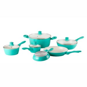imusa usa 10pc forged nonstick white interior ceramic teal cookware set