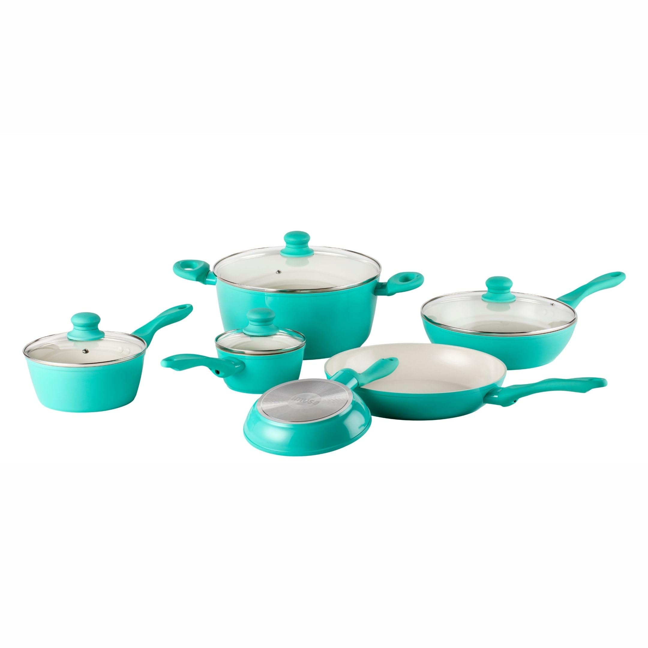 IMUSA USA 10pc Forged Nonstick white Interior Ceramic Teal Cookware Set