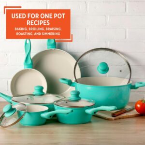 IMUSA USA 10pc Forged Nonstick white Interior Ceramic Teal Cookware Set