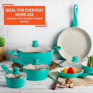 IMUSA USA 10pc Forged Nonstick white Interior Ceramic Teal Cookware Set