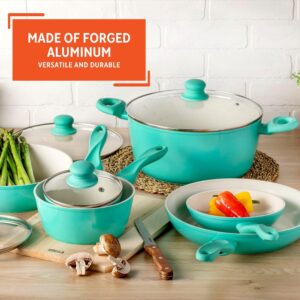 IMUSA USA 10pc Forged Nonstick white Interior Ceramic Teal Cookware Set