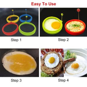 Silicone Egg Rings Round - NUIBY Non Stick Fried Egg Mold - Pancakes Maker Molds - Breakfast Egg Sandwich Cooker Maker - 4 Pack 4 Color, with Bonus 1 Spray Brush or 2 Egg Poachers or Both