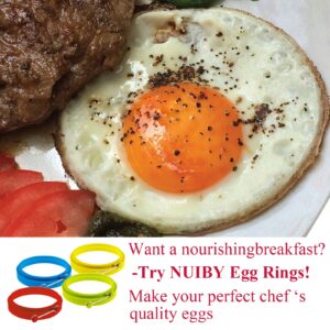 Silicone Egg Rings Round - NUIBY Non Stick Fried Egg Mold - Pancakes Maker Molds - Breakfast Egg Sandwich Cooker Maker - 4 Pack 4 Color, with Bonus 1 Spray Brush or 2 Egg Poachers or Both