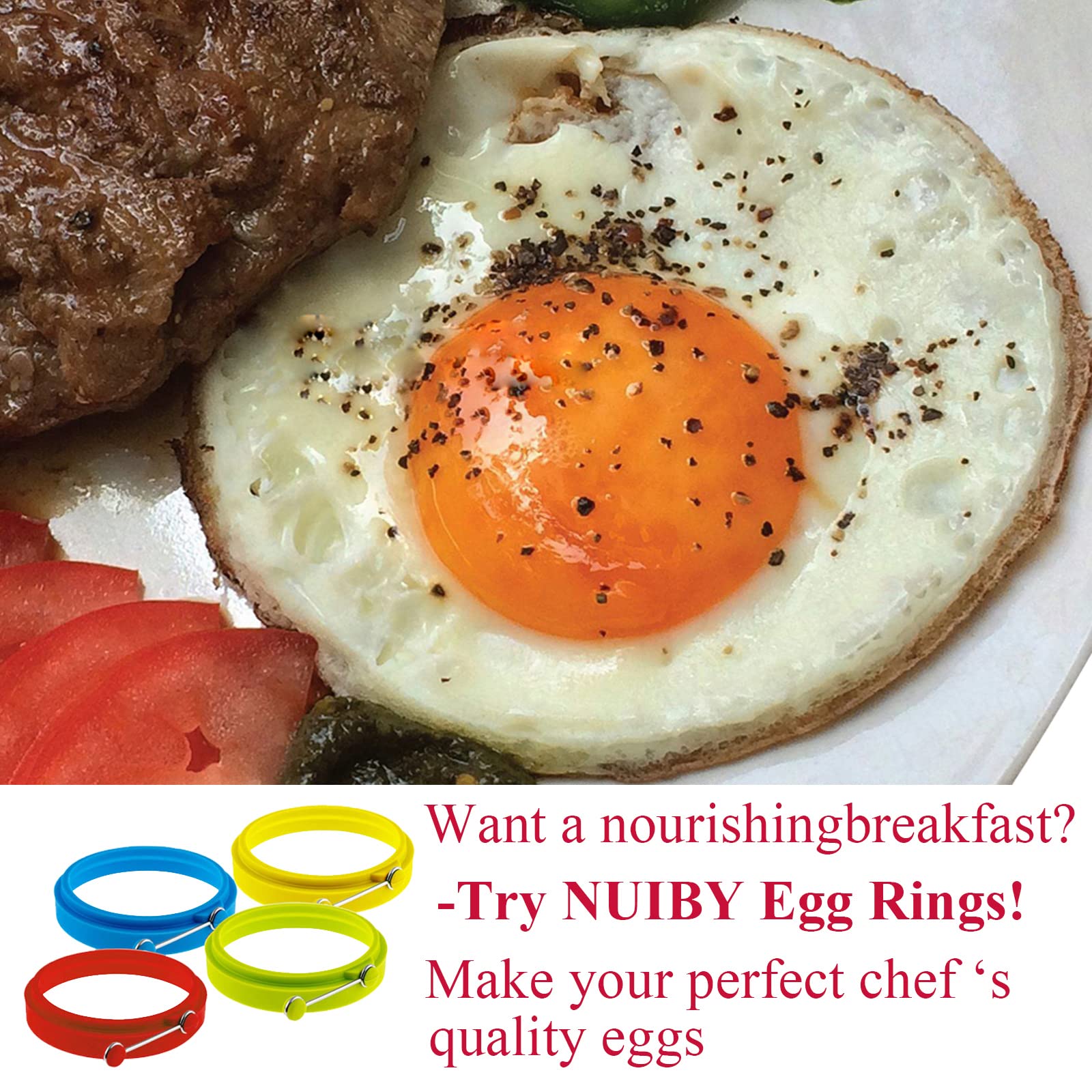 Silicone Egg Rings Round - NUIBY Non Stick Fried Egg Mold - Pancakes Maker Molds - Breakfast Egg Sandwich Cooker Maker - 4 Pack 4 Color, with Bonus 1 Spray Brush or 2 Egg Poachers or Both