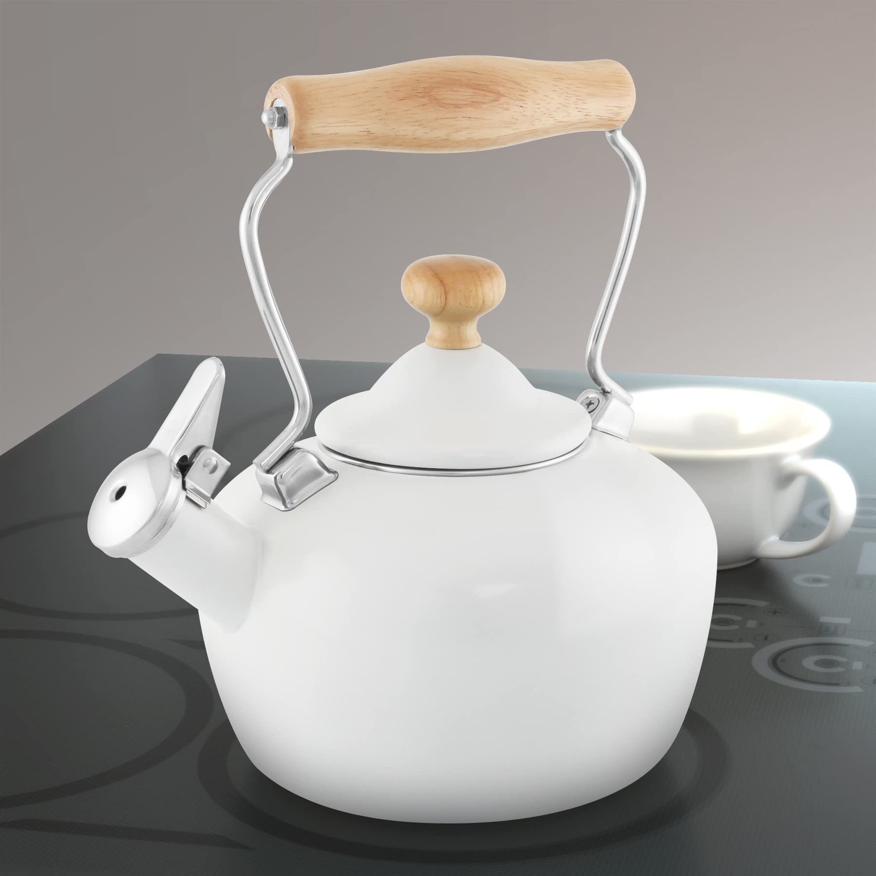 Chantal Tea Kettle, Carina Series, 1.8 QT, Premium Enamel on Carbon Steel, Whistling, Even Heating & Quick Boil, White