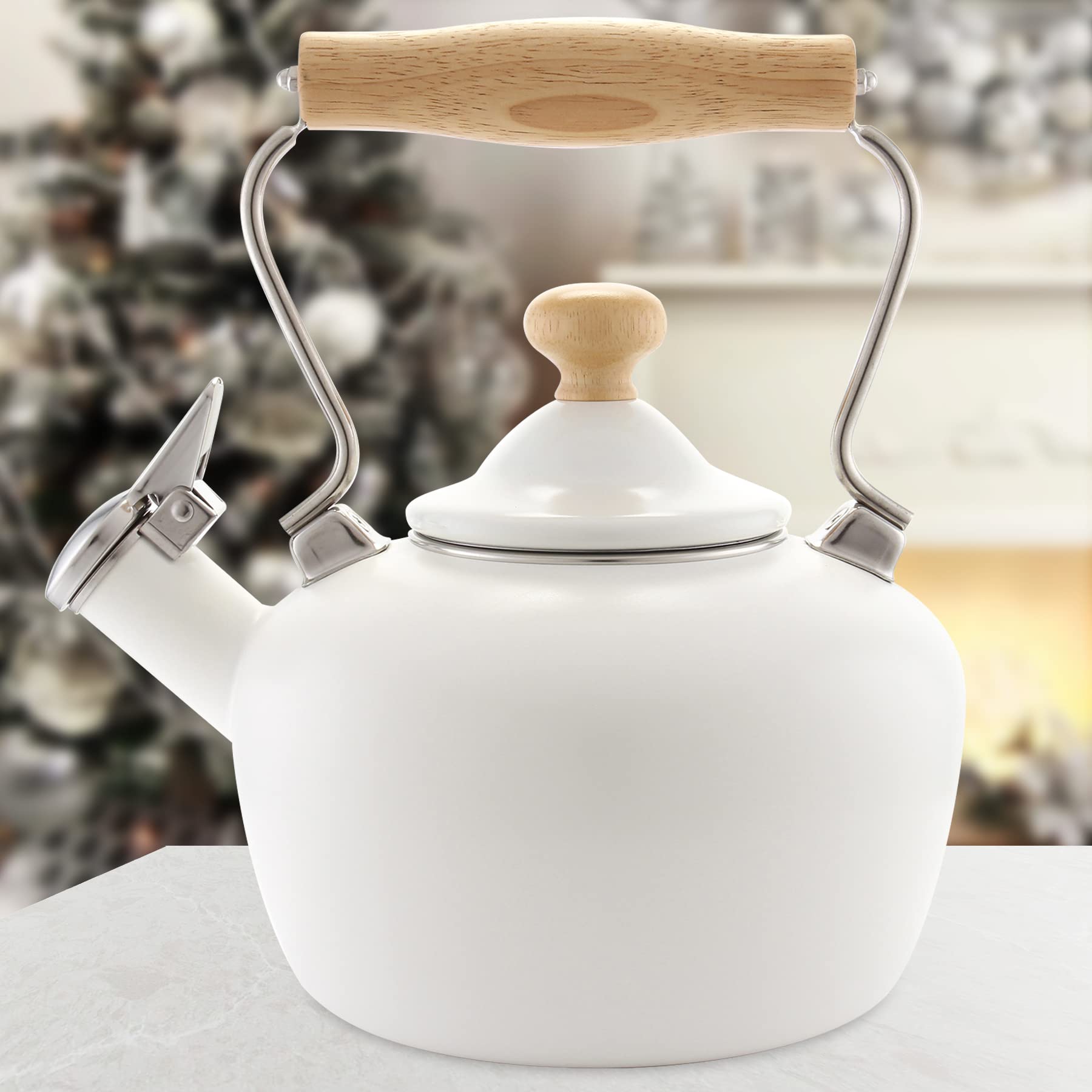 Chantal Tea Kettle, Carina Series, 1.8 QT, Premium Enamel on Carbon Steel, Whistling, Even Heating & Quick Boil, White