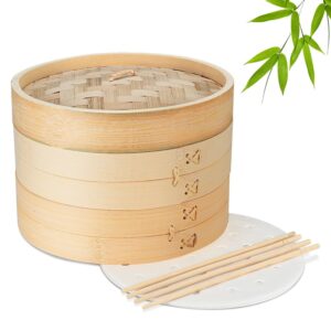 Flexzion Bamboo Steamer Basket Set (10 inch), 50 x Steamer Liners and 2 Pairs of Chopsticks, Steam Baskets for DimSum Dumplings, Rice, Vegetables, Fish and Meat