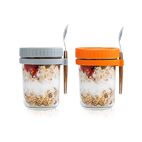 SMARCH Overnight Oats Jars with Lid and Spoon Set of 2, 16 oz Large Capacity Airtight Oatmeal Container with Measurement Marks, Mason Jars with Lid for Cereal On The Go Container (Emerald Green)