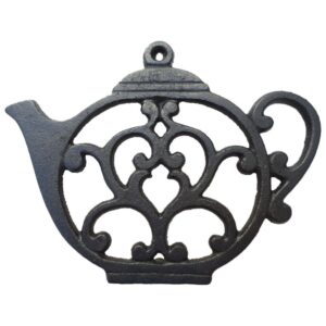 teapot cast iron trivet for hot pots & kitchen & dining table, gift for home, metal wall art & home decor, 2 or more for set, black, 8 by 6.1 inches