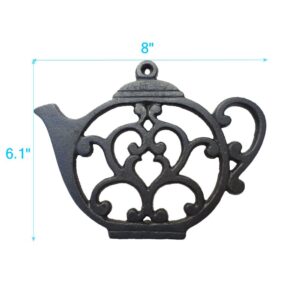 Teapot Cast Iron Trivet for Hot Pots & Kitchen & Dining Table, Gift for Home, Metal Wall Art & Home Decor, 2 or More for Set, Black, 8 by 6.1 Inches