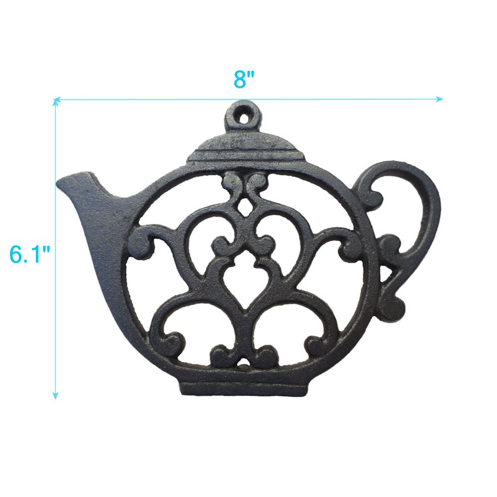 Teapot Cast Iron Trivet for Hot Pots & Kitchen & Dining Table, Gift for Home, Metal Wall Art & Home Decor, 2 or More for Set, Black, 8 by 6.1 Inches