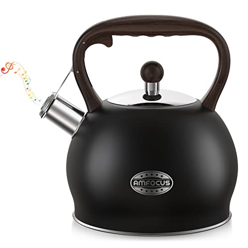 Tea Kettle Whistling Teapot for Stovetop : 2.64 Quart Food Grade Stainless Steel Tea Pot with Wood Pattern Handle, Loud Whistle Kettle for Tea, Coffee, Milk - Black