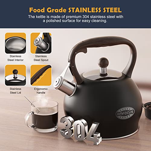 Tea Kettle Whistling Teapot for Stovetop : 2.64 Quart Food Grade Stainless Steel Tea Pot with Wood Pattern Handle, Loud Whistle Kettle for Tea, Coffee, Milk - Black