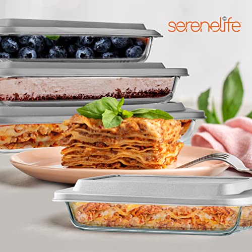 SereneLife Rectangular Glass Bakeware Set - 4 Sets of High Borosilicate with PE Lid, Heat-Resistant, Non-Slip Design, Convenient to Use & Easy to Clean, Elegant Design, Color White - SL4PBK22