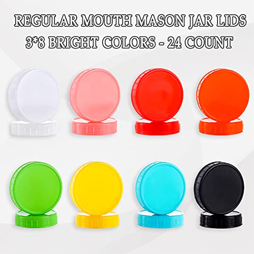 24 Pack Canning Lids Regular Mouth - Plastic Mason Jar Lids with Silicone Seals Rings Fits Ball/Kerr Jars, Leak-Proof & Anti-Scratch Resistant Surface, 8 Colors