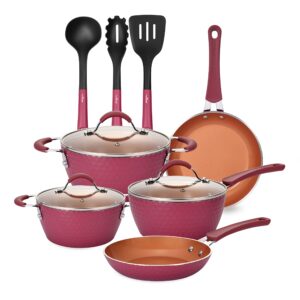 nutrichef 11 piece nonstick ceramic coating elegant diamond patterned kitchen cookware pots and pan set with lids and utensils, maroon