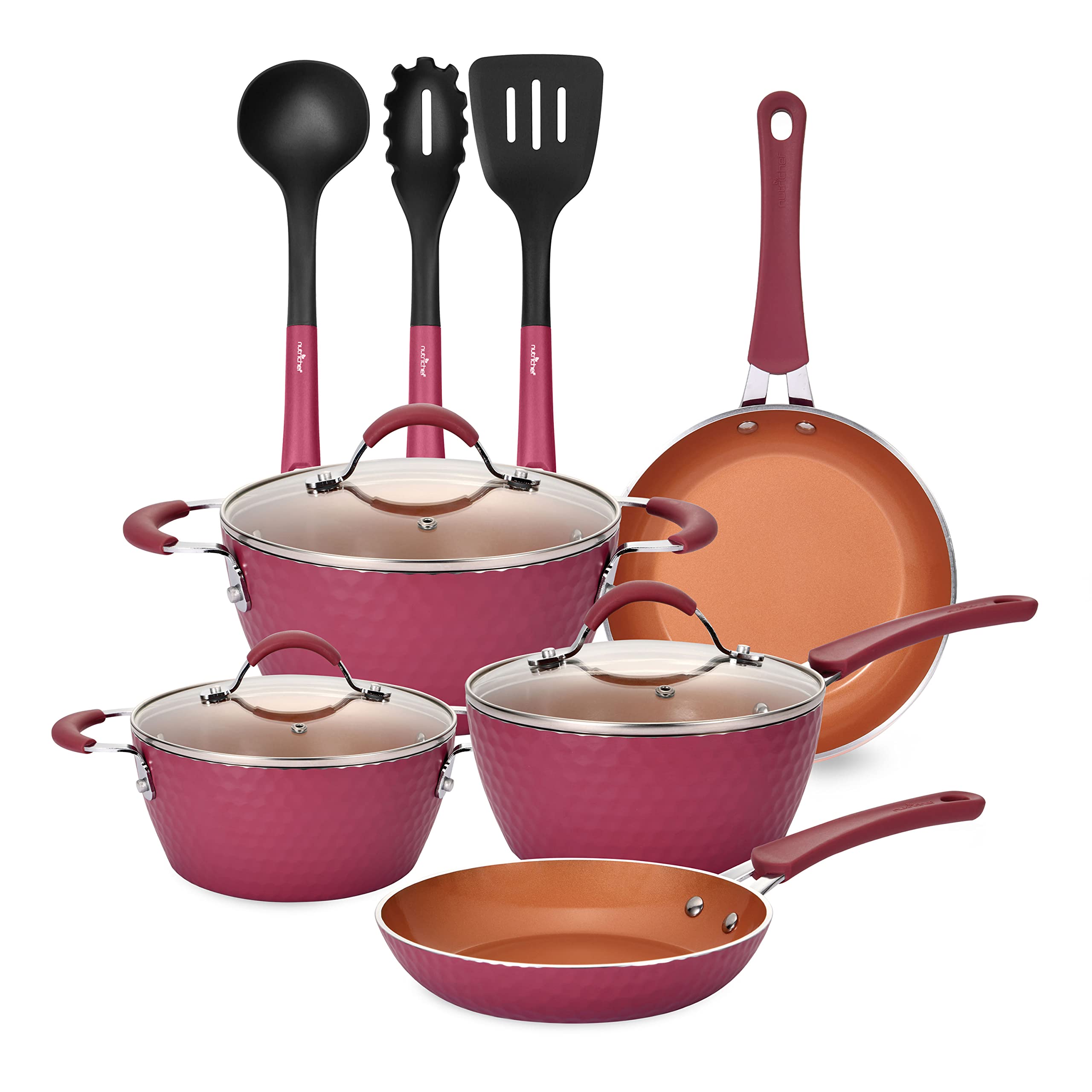 NutriChef 11 Piece Nonstick Ceramic Coating Elegant Diamond Patterned Kitchen Cookware Pots and Pan Set with Lids and Utensils, Maroon