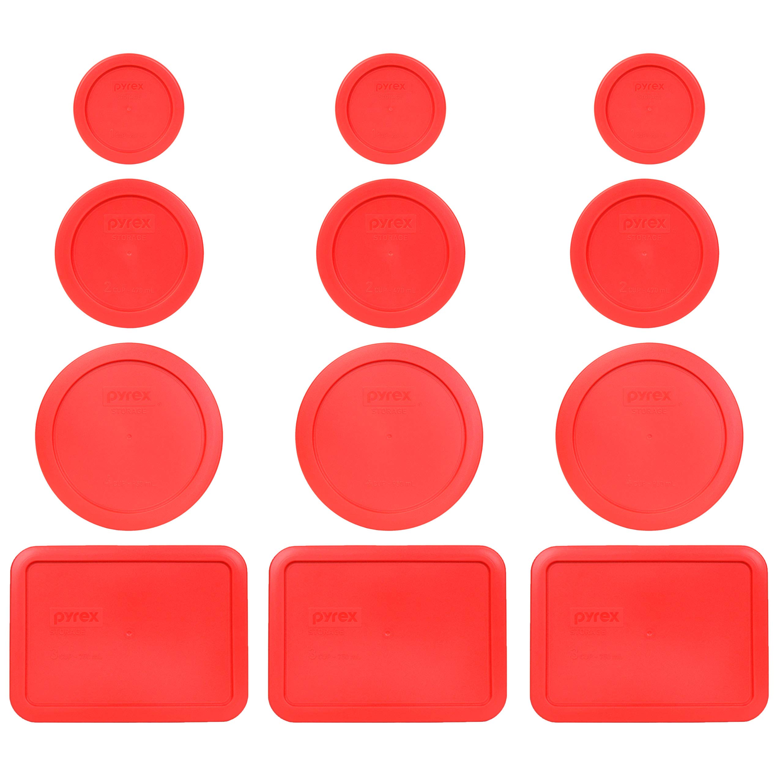 Pyrex (3) 7202-PC 1 Cup Red (3) 7200-PC 2 Cup Red (3) 7201-PC 4 Cup Red (3) 7210-PC 3 Cup Red Replacement Food Storage Lids Made in the USA