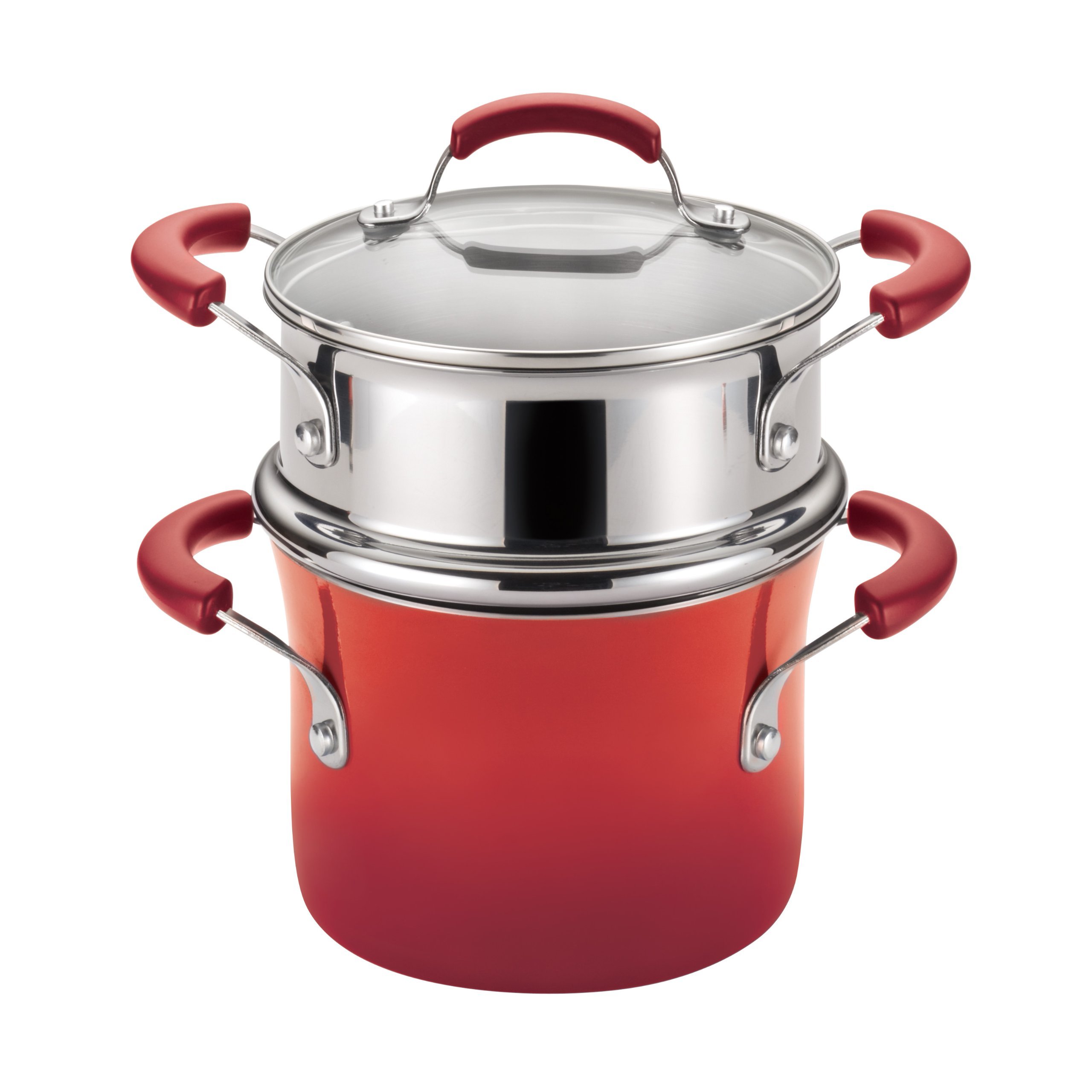 Rachael Ray Brights Sauce Pot/Saucepot with Steamer Insert, 3 Quart, Two-Tone Red