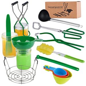 canning kit, 13 in 1 canning supplies include steamer rack, canning funnel, jar lifter, jar wrench, canning tongs, lid lifter, bubble popper, jar brush, canning ladle, 4pcs measuring cups (green)