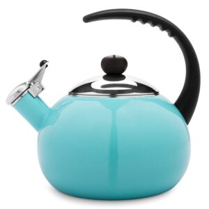 farberware luna water kettle, whistling tea pot, works for all stovetops, porcelain enamel on carbon steel, bpa-free, rust-proof, stay cool handle, 2.5qt (10 cups) capacity (aqua)