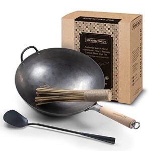 mammafong traditional hand hammered round bottom carbon steel pow wok set with wok spatula and bamboo brush (14 inch wok set with wok accessories)