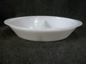 vintage glasbake white milk glass divided oval casserole baking dish oven ware