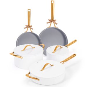 ceramic pots and pans set - voniki nonstick cookware sets non toxic cookware set, induction cookware with dutch oven, frying pan, saucepan, sauté pan, white gold pots and pans for cooking set gift