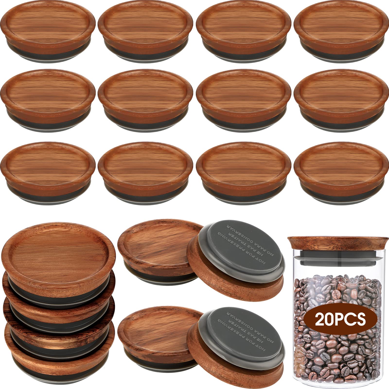 20 Pack Regular Mouth Mason Jar Wooden Storage Lids Acacia Wooden Jar Lids for Reusable Canning Lids for Jars, Regular Mouth Jars Lids