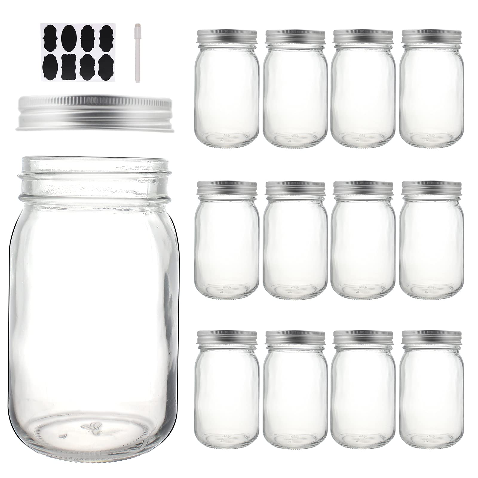 BPFY 12 Pack 16 oz Glass Mason Jars With Lids, Canning Jars for Meal Prep, Food Storage, Canning, Drinking, Oats, Salads, Yogurt, Jelly Jars, Candle Holder