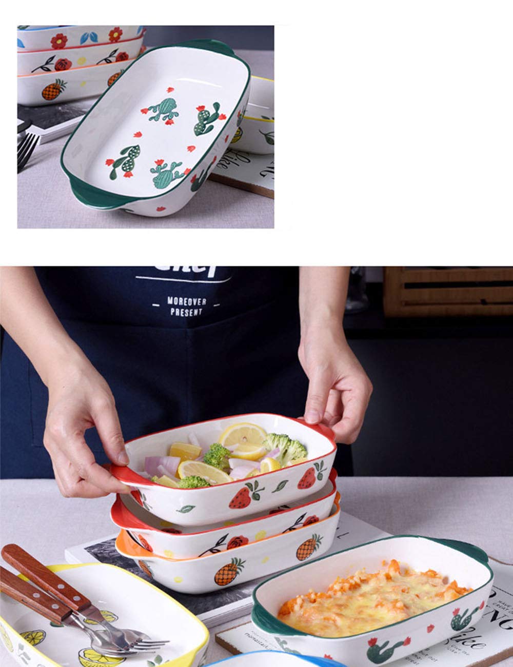 Bicuzat 8 x 5 Inch Ceramic Oven to Table Bakeware Dinner Plate, for Oven Roasting Lasagna Pan Cheese Baked Rice Bowl Baking Dish with Handle,Strawberry(1 PCS)