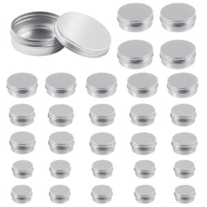 keadic 30 pack 1/2 oz 1 oz 2 oz 4 oz aluminum tins jar with lids assortment set, silver screw top lids round tin cans refillable container bottle storage tins for candles spices lip balm