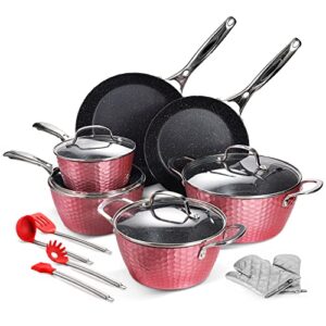 fruiteam hammered cookware 16-piece home kitchen ware pots pan set with non-stick coating, aluminum induction cooking pots, includes fry pans, saucepans, stock pots, rose