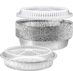 nyhi round aluminum foil pans 9-inch | disposable tin foil pans with clear plastic lids | heavy-duty food container pie dish safe for freezer & oven | 30 pack