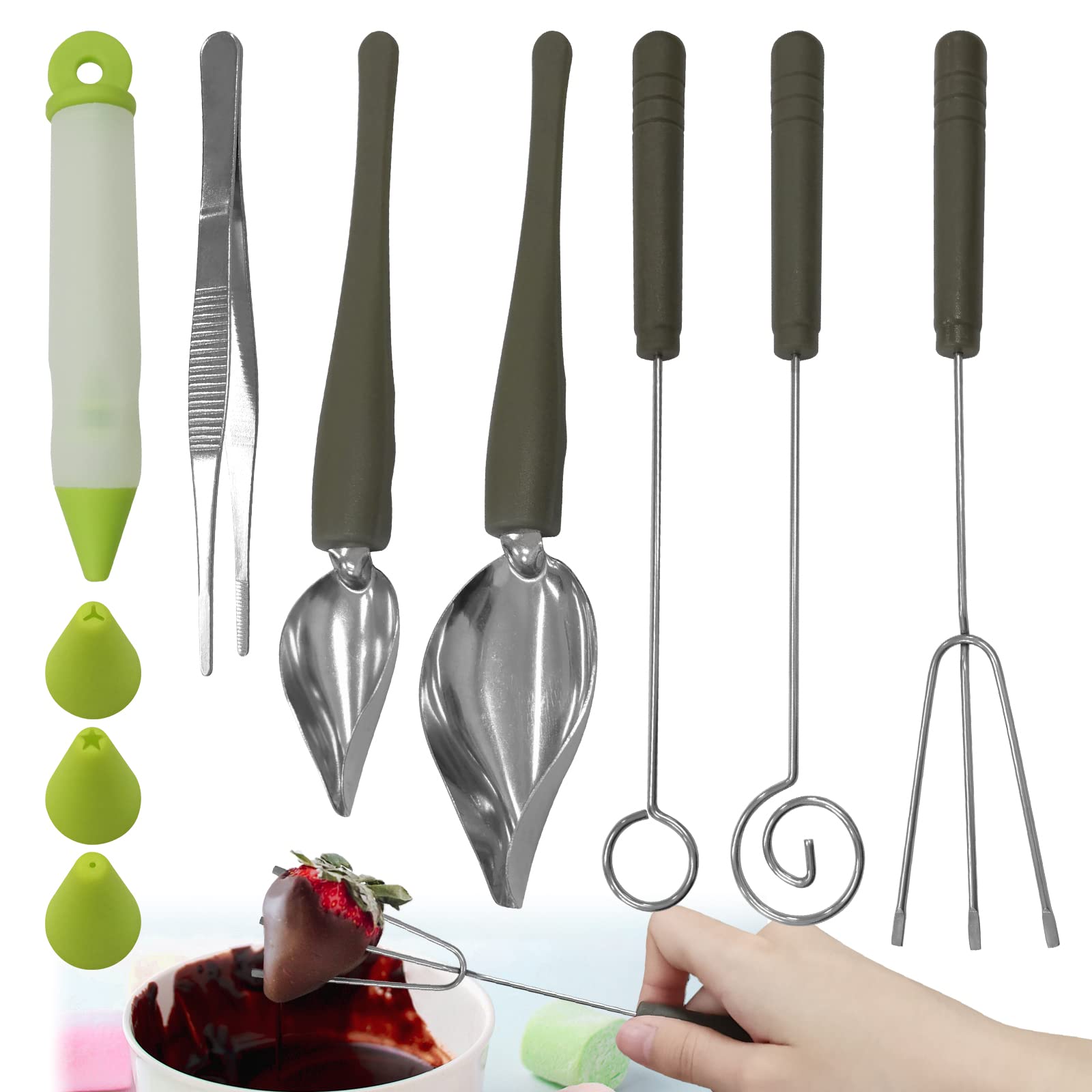 Daily Treasures 7Pcs DIY Decorating Tool Set, 3Pcs Chocolate Dipping Fork Spoons & 2Pcs Culinary Drawing Decorating Spoon with 1 Silicone Cake Decorating Pen & 1 Kitchen Tweezer for Decorative Plates