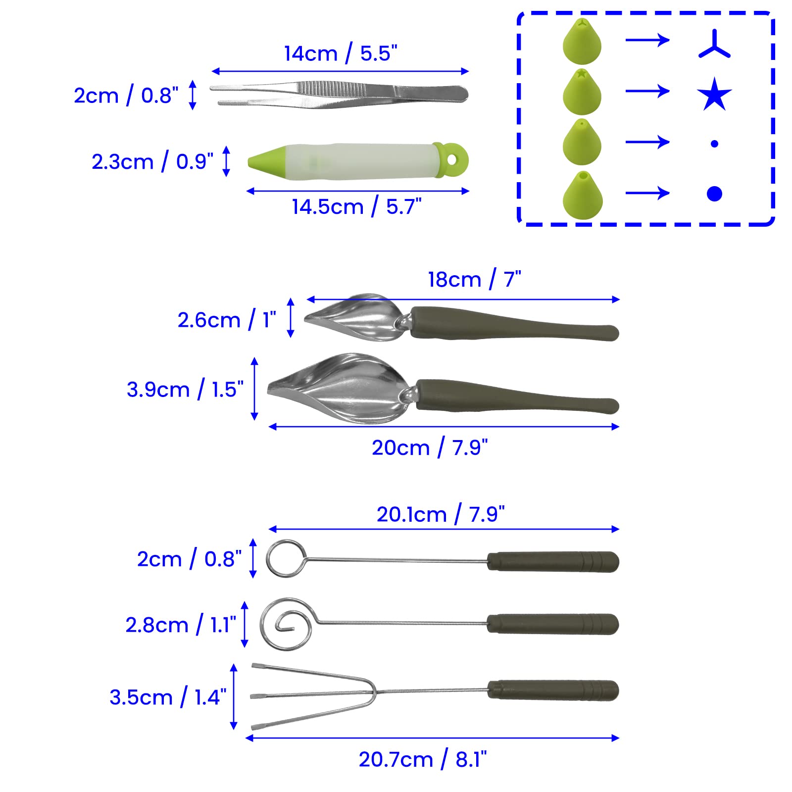 Daily Treasures 7Pcs DIY Decorating Tool Set, 3Pcs Chocolate Dipping Fork Spoons & 2Pcs Culinary Drawing Decorating Spoon with 1 Silicone Cake Decorating Pen & 1 Kitchen Tweezer for Decorative Plates