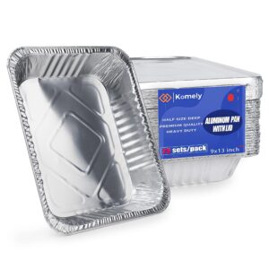 komely aluminum foil pans with lids [25-pack], half-size 9x13 baking pan,heavy duty tin foil pans,disposable cookware, food containers for cooking, chafing, catering,heating or steam table