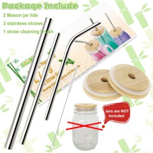 COLOROUND【REGULAR Mouth Lids】2 Pack Mason Jar Lids with Straw Hole Regular Mason Jar Cup Lids Reusable Bamboo Lids Mason Jar Tops with 3 Stainless Steel Straws & 1 Brush for Regular Mouth Mason Jars