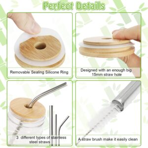 COLOROUND【REGULAR Mouth Lids】2 Pack Mason Jar Lids with Straw Hole Regular Mason Jar Cup Lids Reusable Bamboo Lids Mason Jar Tops with 3 Stainless Steel Straws & 1 Brush for Regular Mouth Mason Jars