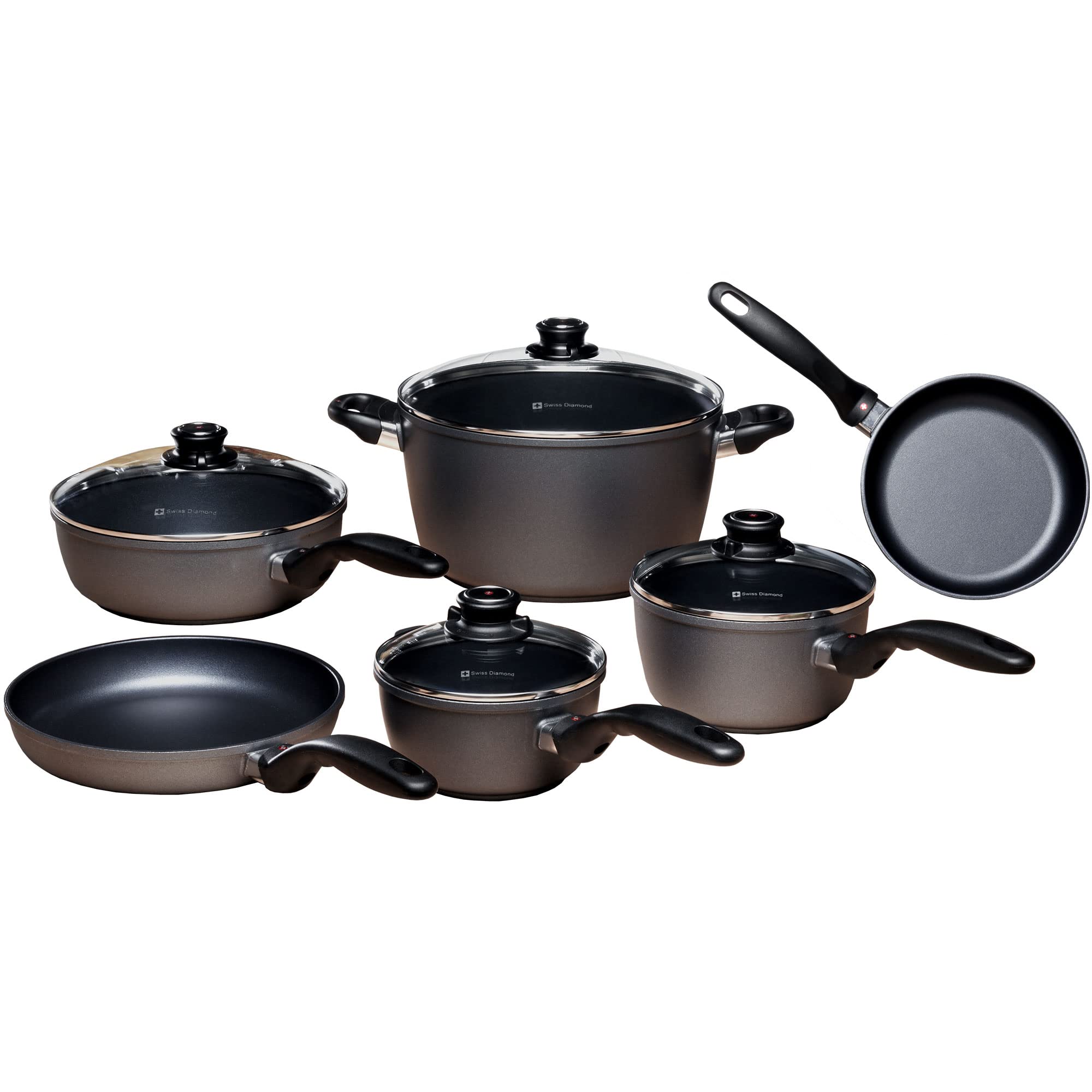 Swiss Diamond 10 Piece Kitchen Cookware Set - HD Nonstick Diamond Coated Aluminum Cooking Pots and Pans, Includes Lids, Dishwasher Safe and Oven Safe Fry Pan, Grey