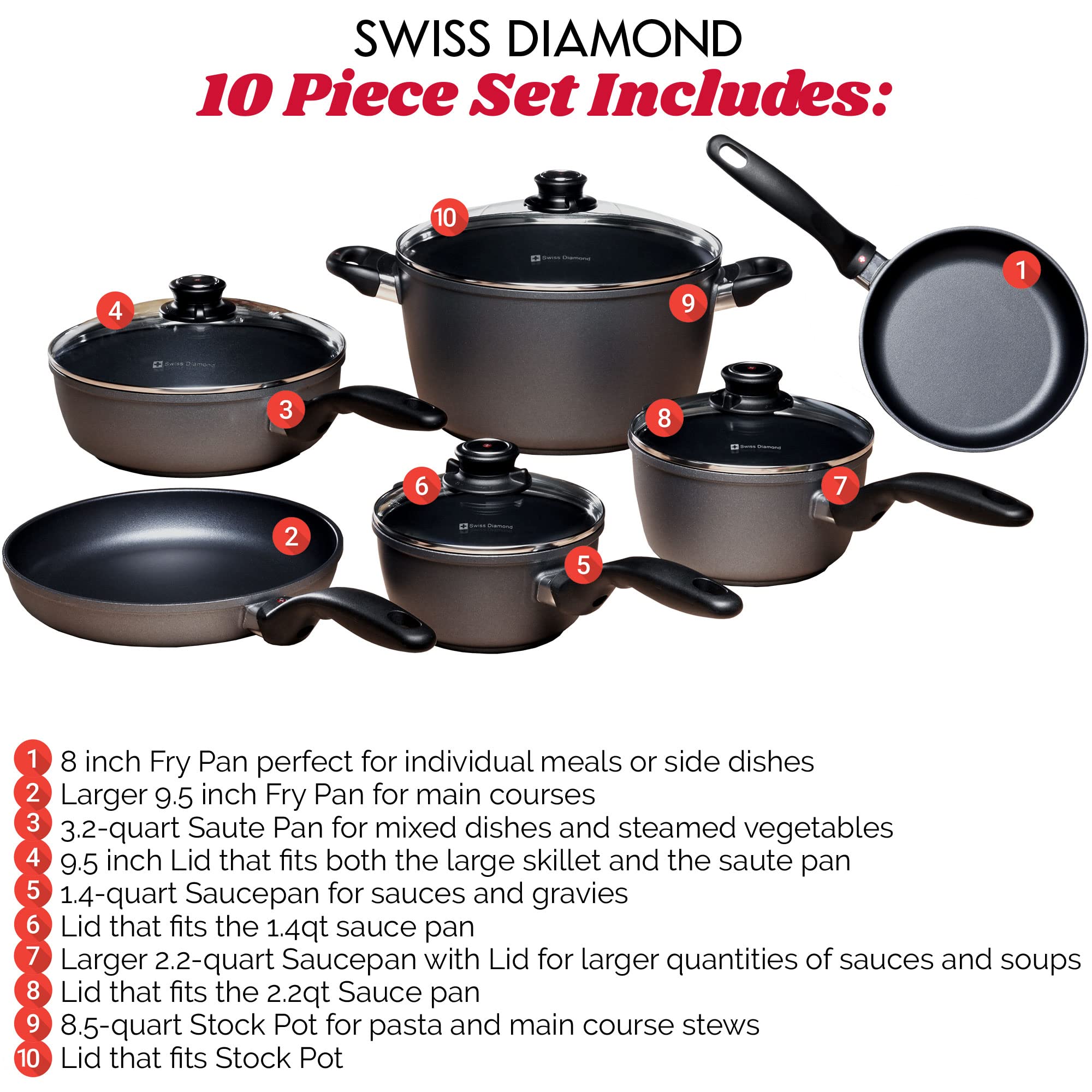 Swiss Diamond 10 Piece Kitchen Cookware Set - HD Nonstick Diamond Coated Aluminum Cooking Pots and Pans, Includes Lids, Dishwasher Safe and Oven Safe Fry Pan, Grey